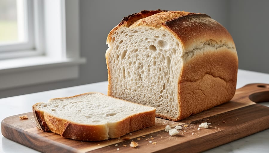 Slice of soft sourdough sandwich bread showing a tender, even crumb on a wooden cutting board