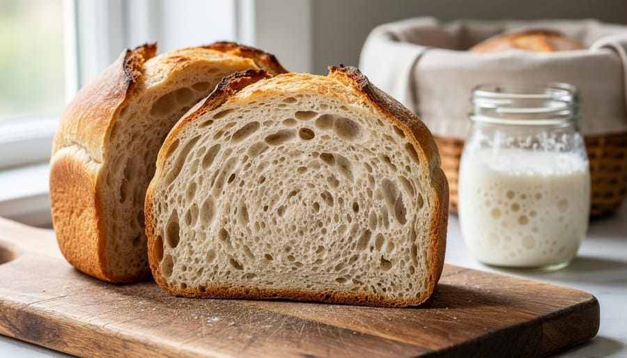 Soft sourdough sandwich bread loaf sliced to show a tender, easy-to-slice crumb on a wooden cutting board, with a sourdough starter jar blurred in the background.