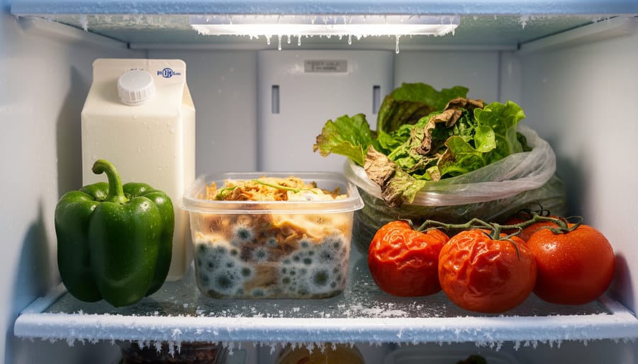 Refrigerator interior with open door and food spoiling behind other items