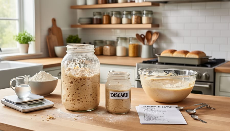 Sourdough starter jar and bowl of discard near a loaf pan in a home kitchen