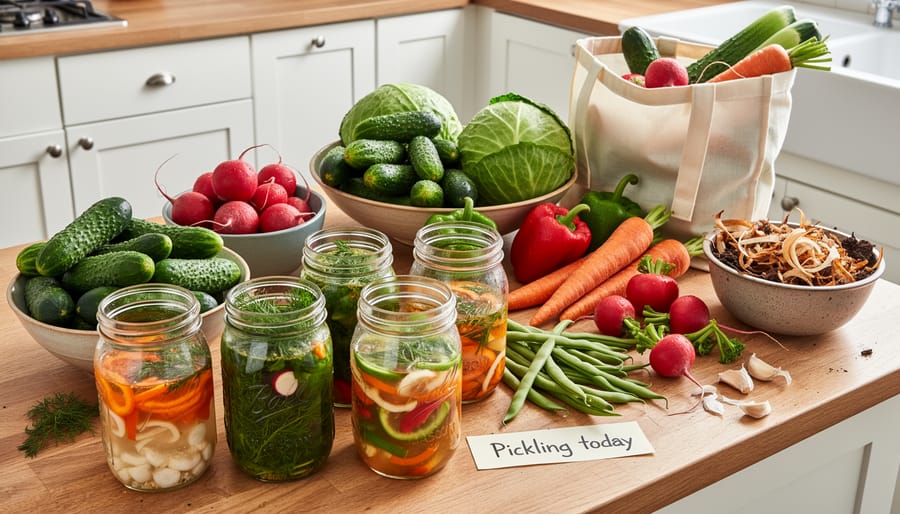 Overhead view of surplus garden cucumbers and other vegetables arranged in a container for pickling