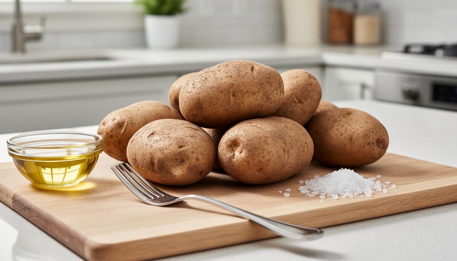 Two scrubbed russet potatoes on a cutting board with a fork, kosher salt, and oil nearby