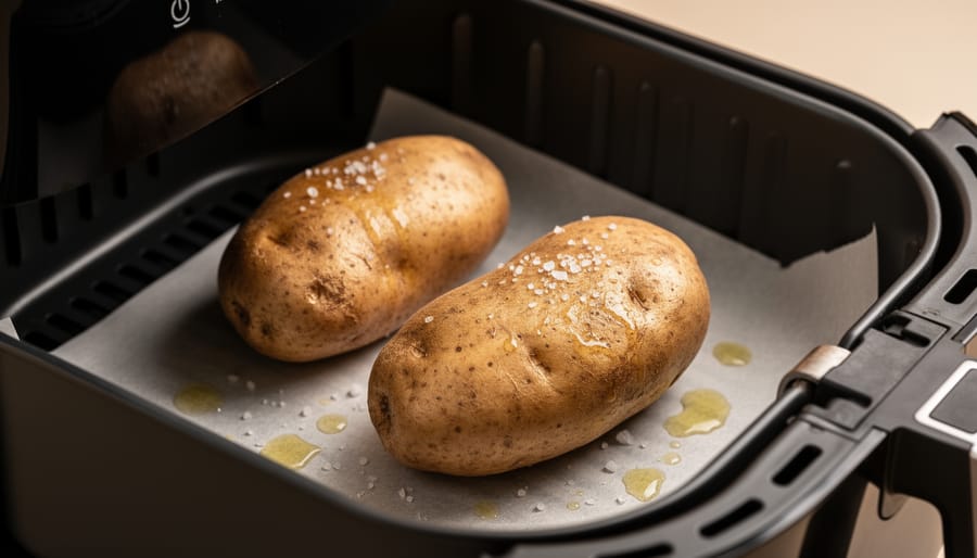 Two russet baked potatoes with crisp skins in an open air fryer basket, photographed at a close angle.