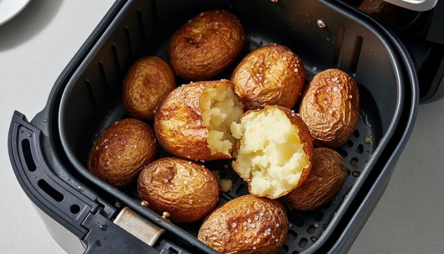 Whole russet baked potatoes cooking in an air fryer basket with lightly steaming golden skin