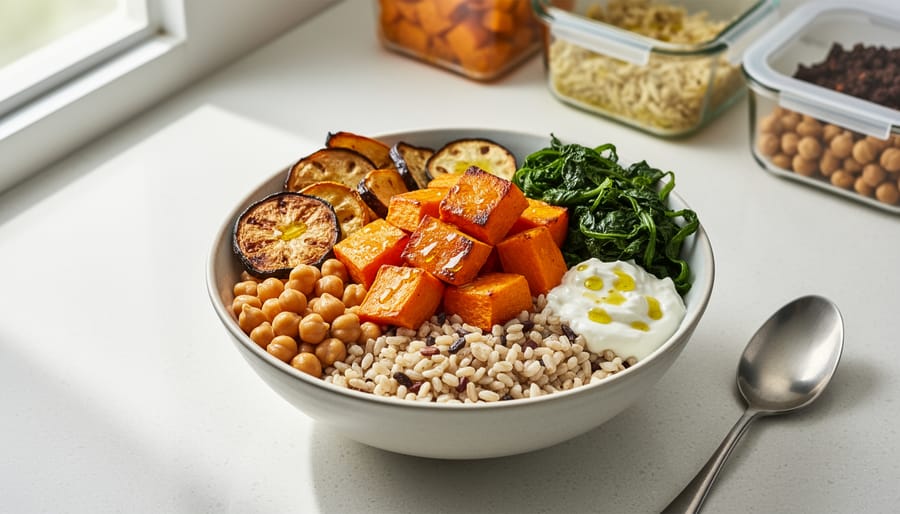 Butternut squash and leftover grain bowl with roasted squash cubes