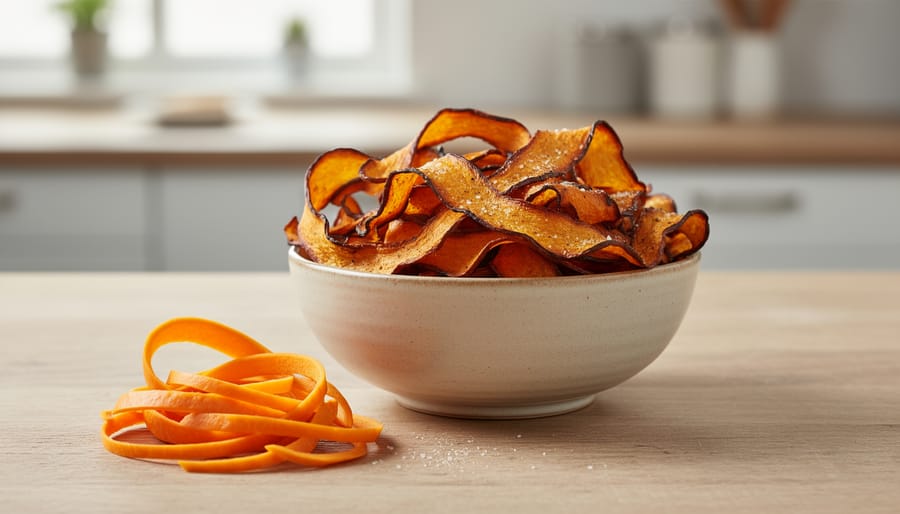 Crispy butternut squash peel chips in a bowl with squash peels on a wooden table