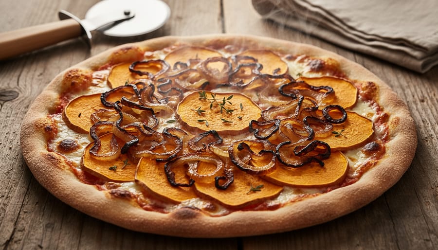 Butternut squash pizza with caramelized onions on a wooden serving board