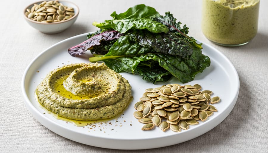 Butternut squash seed pesto with cleaned squash seeds and wilting greens