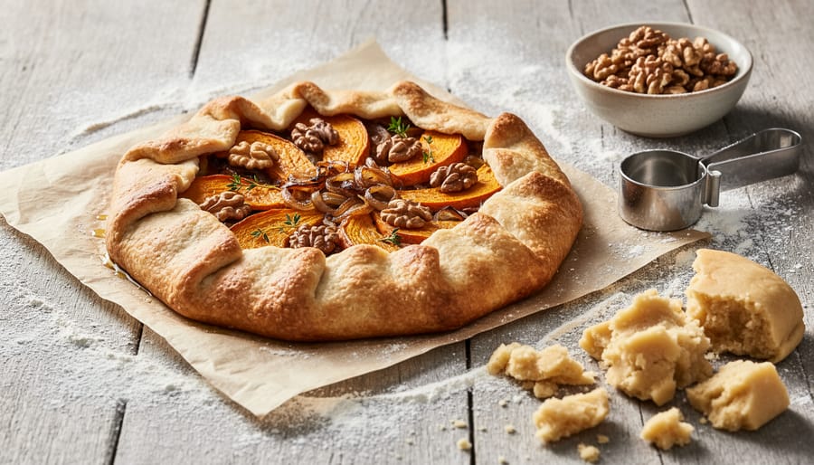 Butternut squash and walnut galette on a baking sheet with squash trimmings nearby