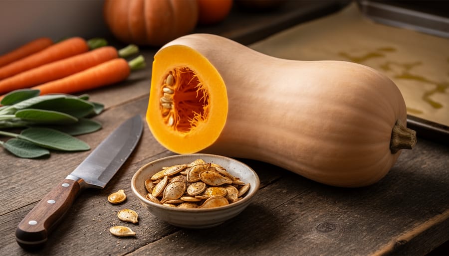 Whole butternut squash on a wooden countertop with a knife and roasted squash seeds in a bowl, styled for fall zero-waste cooking.