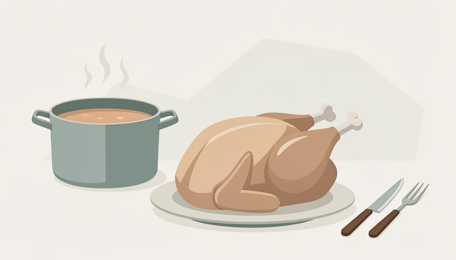 Carved turkey on a platter with a pot of simmering turkey stock in the background