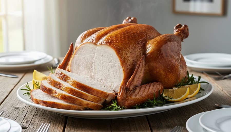 Carved turkey breast with juicy slices on a cutting board with steam rising