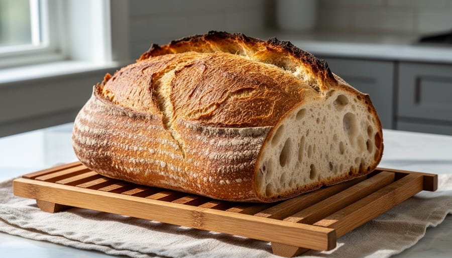 Golden brown sourdough bread loaf with a blistered crust cooling on a wooden rack.