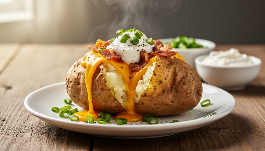 Air-fryer baked potato split open with fluffy interior and a spoon of topping on a plate