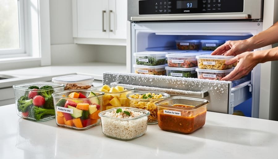 Portioned frozen food containers inside a freezer, including soup, grains, herbs in oil, and frozen fruit.