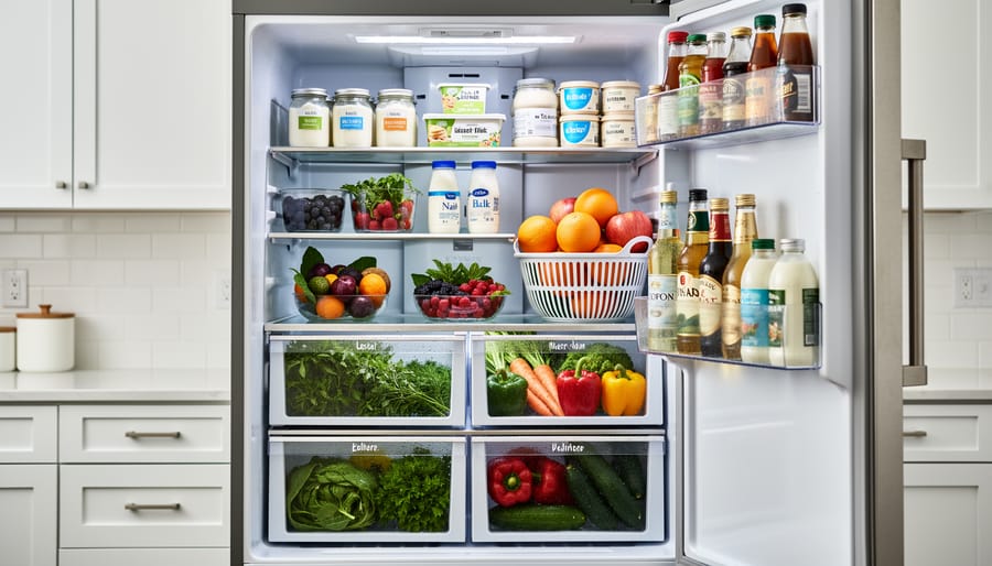Open refrigerator showing vegetables in the crisper drawer and dairy on upper shelves with condiments neatly stored in the door.