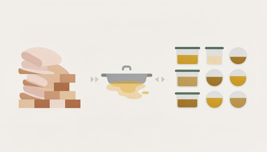 Cooked turkey leftovers and gravy drippings organized on a kitchen counter to help reduce waste.
