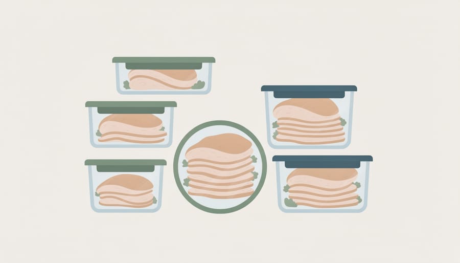Leftover turkey stored in clear reusable containers on a kitchen counter