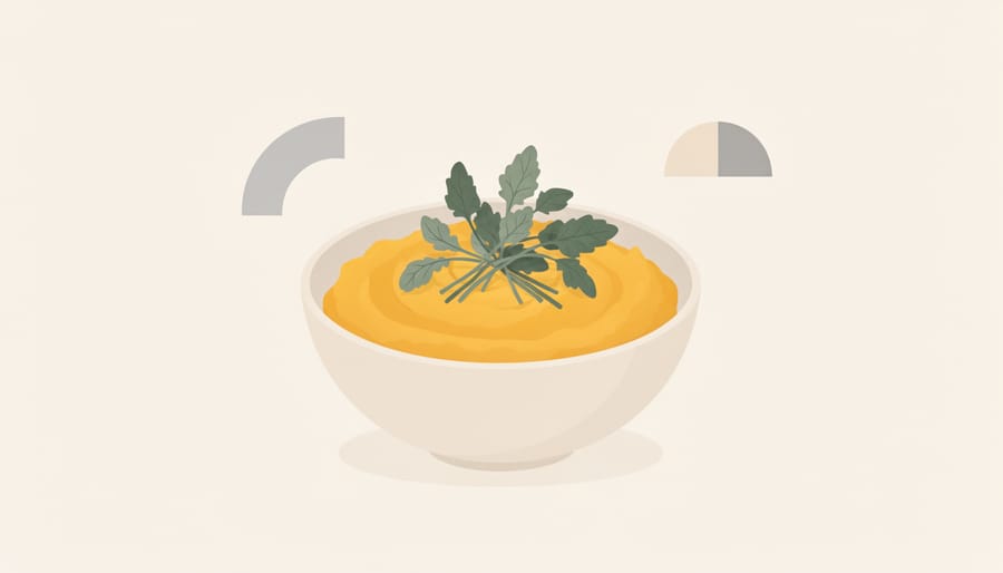 Mashed butternut squash with rescued wilted herbs in a bowl