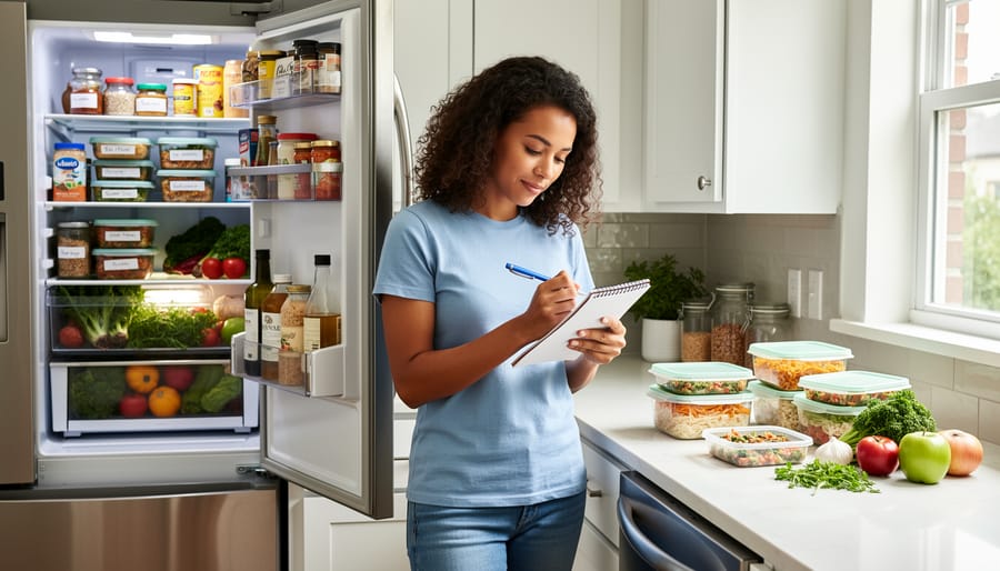 Hands using a smartphone while looking into an organized refrigerator with visible ingredients and leftovers.