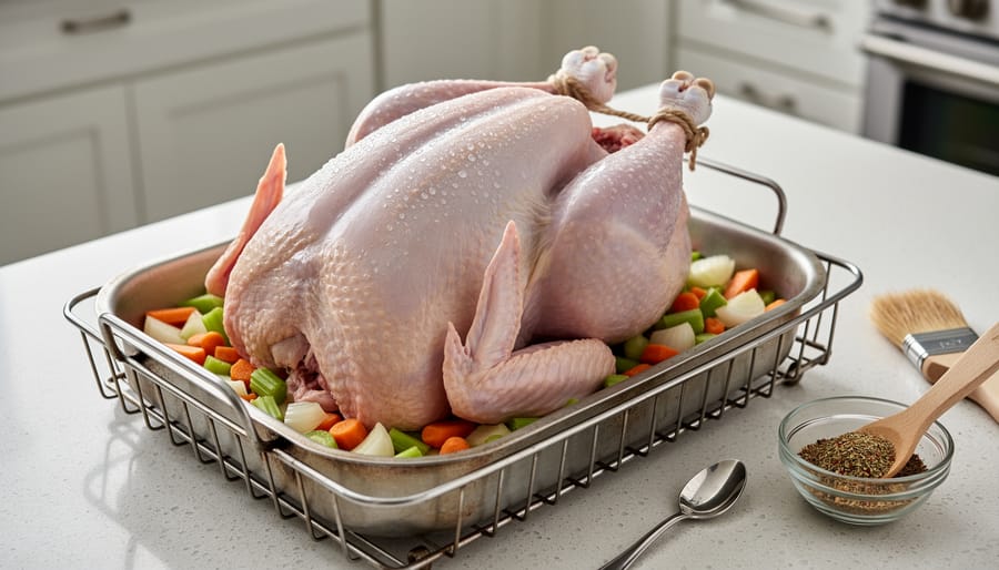 A whole turkey on a rack in a shallow roasting pan, ready to be seasoned and cooked in the oven.