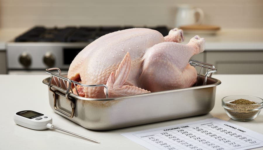 Whole raw turkey on a roasting rack inside a roasting pan in a kitchen