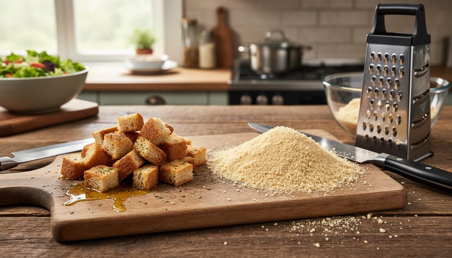 Toasted breadcrumbs and croutons made from a loaf of bread on a baking tray with toasted golden color.