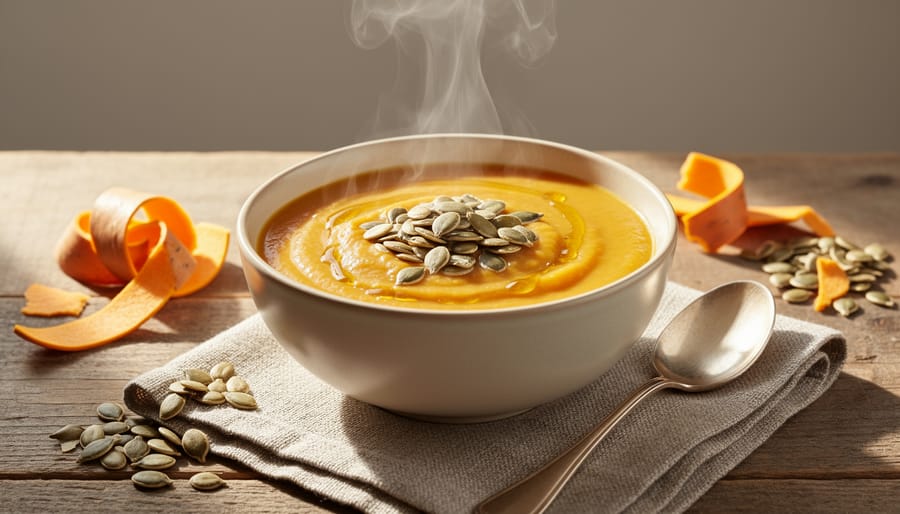 Roasted butternut squash soup topped with toasted seeds beside squash peels on a wooden table