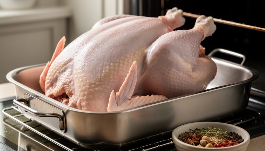 “A whole turkey on a rack in a shallow roasting pan, ready to be seasoned and cooked in the oven.”