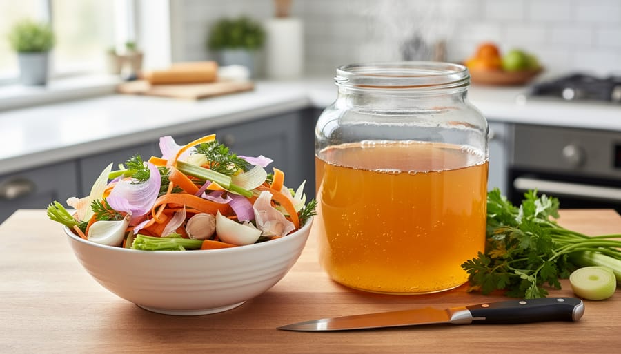 Simmering pot of vegetable stock with vegetable scraps and herb stems on a cutting board nearby.