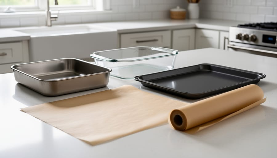 Oven-ready sourdough baking pans and parchment paper arranged on a kitchen counter.