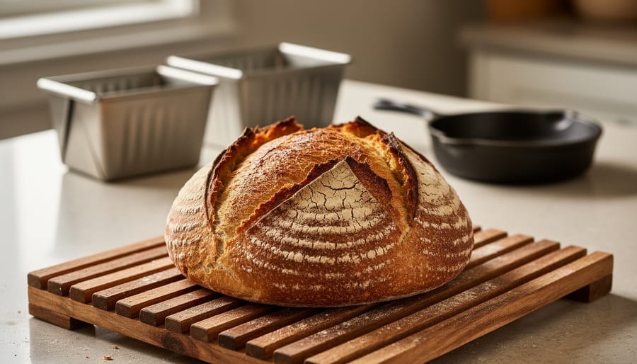 Golden crackly sourdough boule cooling on a wooden rack in a kitchen, with unused bakeware nearby to suggest baking without a Dutch oven.