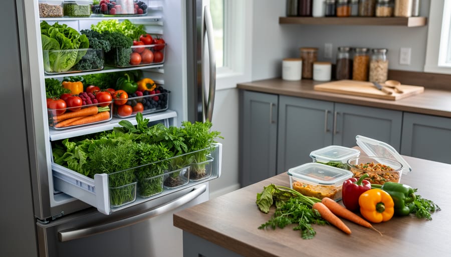 Close-up of a tidy kitchen fridge area with fresh herbs and leafy greens in the crisper drawer, alongside a small pile of leftovers and wilting vegetables on the countertop.