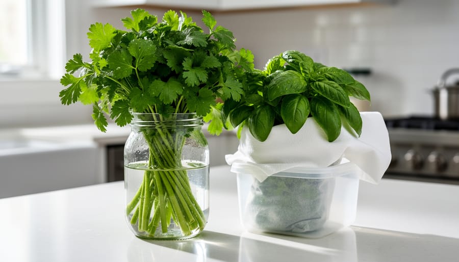 Fresh herbs in glasses of water and a damp towel wrap on a kitchen countertop.