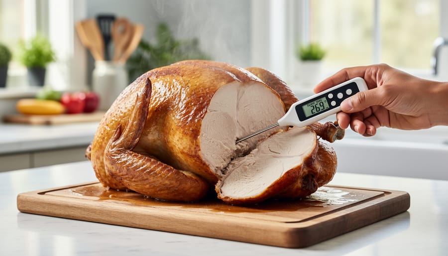 Hands inserting a meat thermometer into the thickest part of a roasted turkey breast for doneness and food safety.