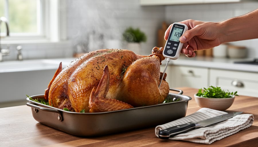 Meat thermometer probe inserted into the thickest part of a turkey thigh