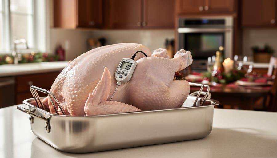 Raw turkey on a roasting rack with a digital meat thermometer probe inserted into the thick thigh for checking internal temperature.