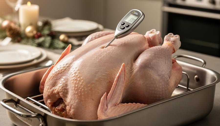 Raw turkey on a roasting rack with a meat thermometer probe inserted into the thick breast area to indicate safe internal temperature.