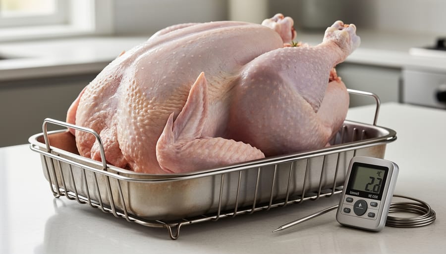 Raw turkey in a roasting pan on a rack with a digital meat thermometer positioned near the thigh area