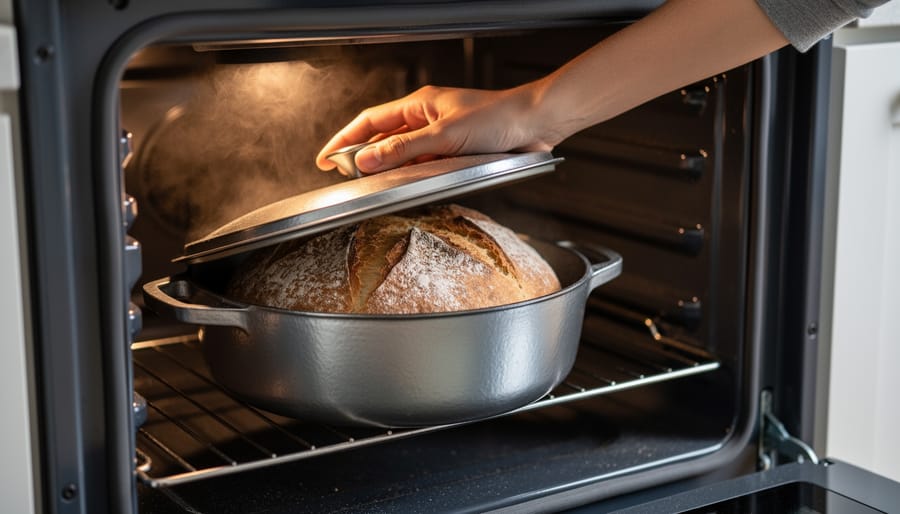 Oven mitt lifting a lid from a hot baking vessel inside an oven to help sourdough crust develop.