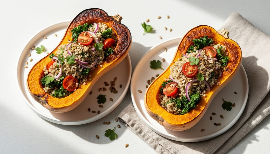Roasted butternut squash halves served skin-on as bowls with grain salad